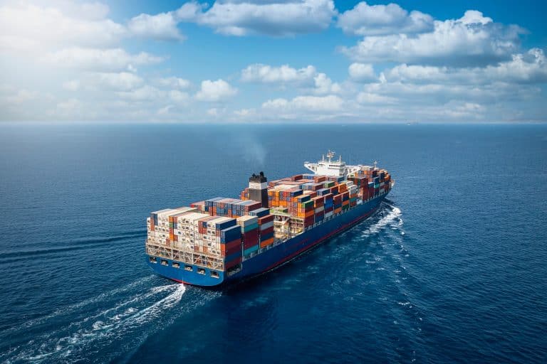 A large container cargo ship travels over calm blue ocean