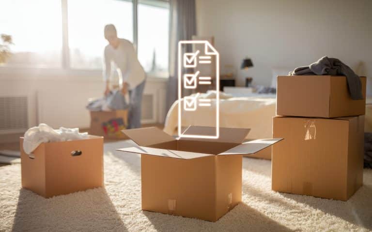 Housing moving checklist concepts Man organizing items in boxes with checklist graphic in a bright room