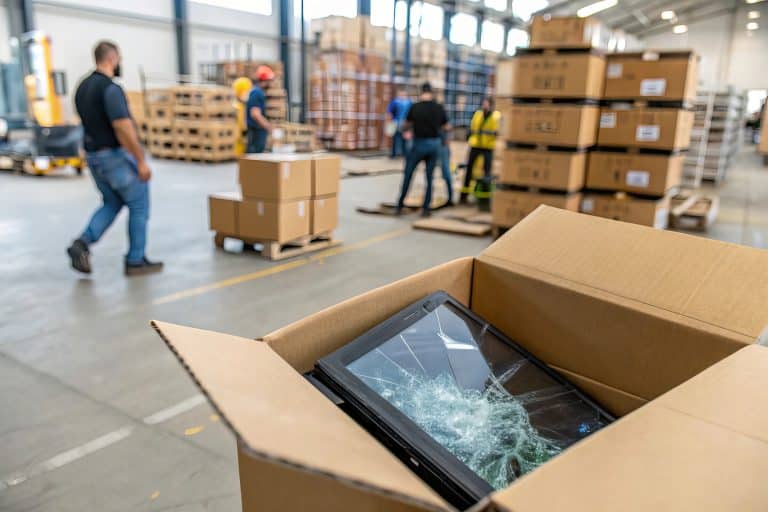 close up of damaged monitor inside crushed shipping box in warehouse Workers are seen in background highlighting busy environment of logistics and shipping