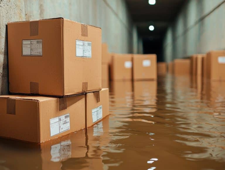 Waterlogged packages in a flooded warehouse environment